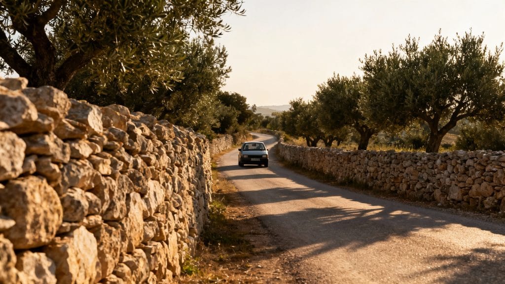 Route étroite bordée de murets, conduite prudente conseillée