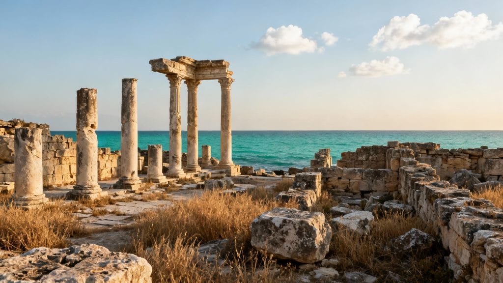 Colonnes antiques face à une mer turquoise scintillante