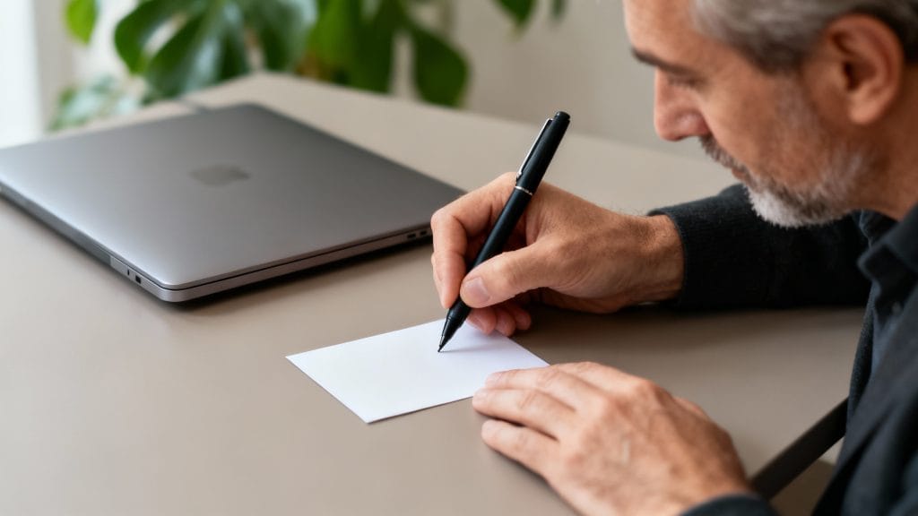 rédaction d’un message au revoir collègue sur une carte sobre