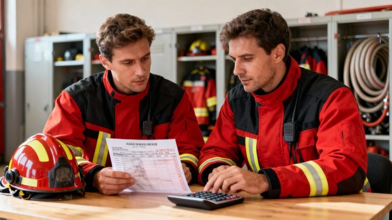 Pompiers examinant une fiche de paie et calculant le salaire pompier