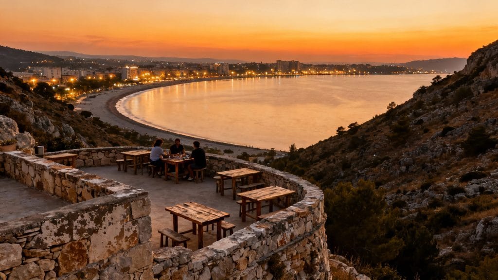 Vue sur une baie au coucher du soleil