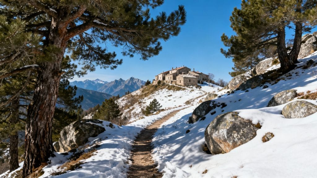 Sentier forestier menant à un village perché en montagne