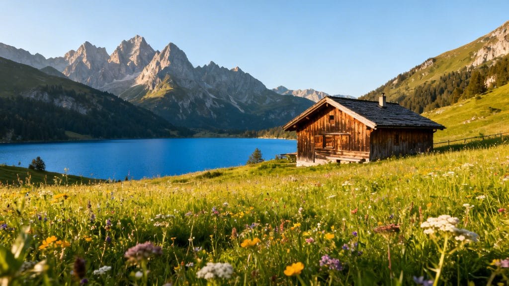Lac alpin, chalet et sommets acérés en Suisse