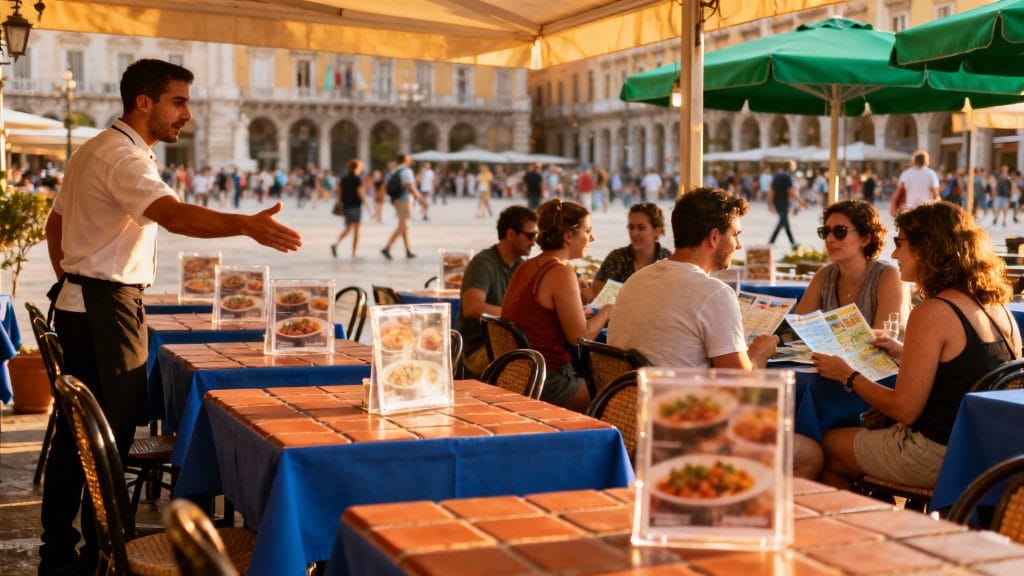 Restaurant très touristique, menus illustrés et affluence