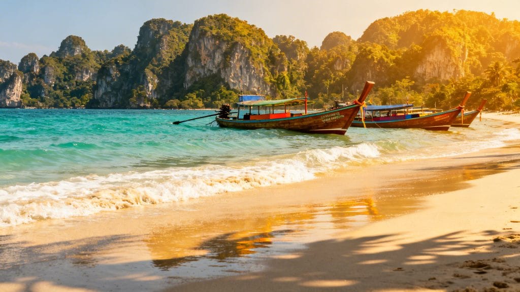 Plage turquoise, bateaux traditionnels et falaises karstiques