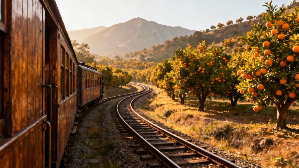 Train vintage dans une vallée d’orangers près de Palma
