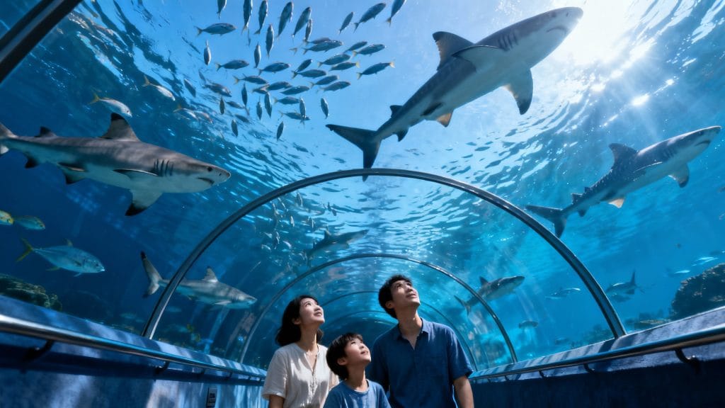 Tunnel aux requins dans un grand aquarium de Palma