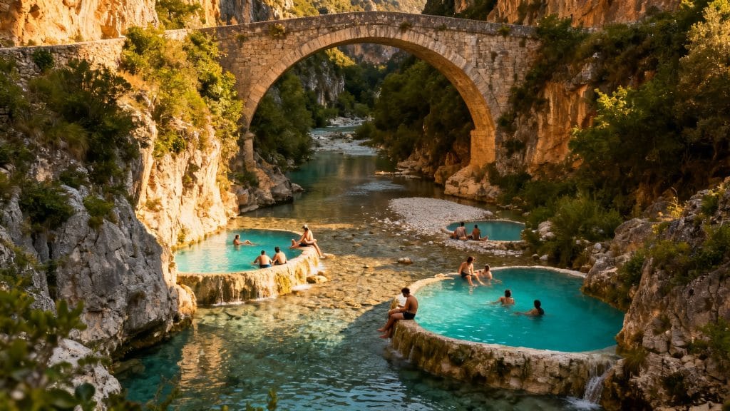 Sources thermales naturelles dans une vallée
