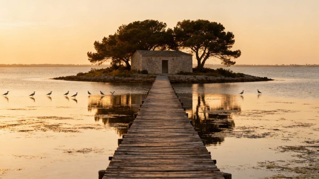 Lagune calme et longue passerelle en bois