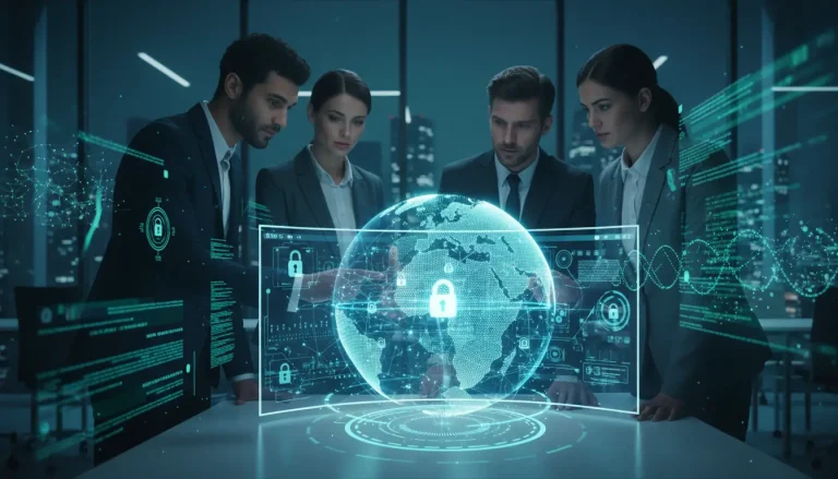Quatre professionnels autour d'un globe holographique avec cadenas et données numériques