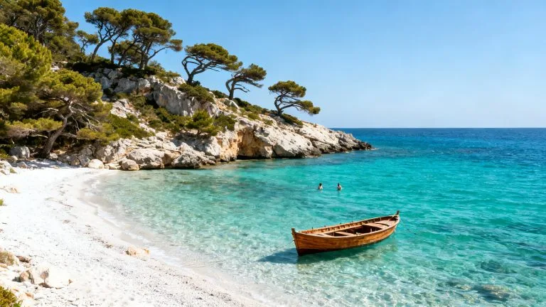 Crique aux eaux turquoise et pins dans les Îles Baléares