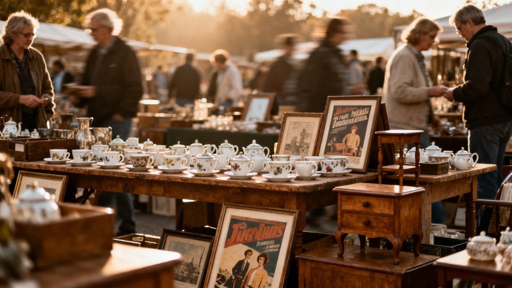 Stands de brocante animés un matin de week-end