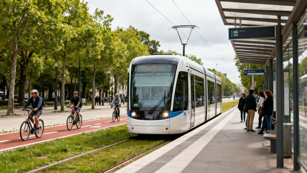 Tram moderne à plancher bas sur boulevard urbain