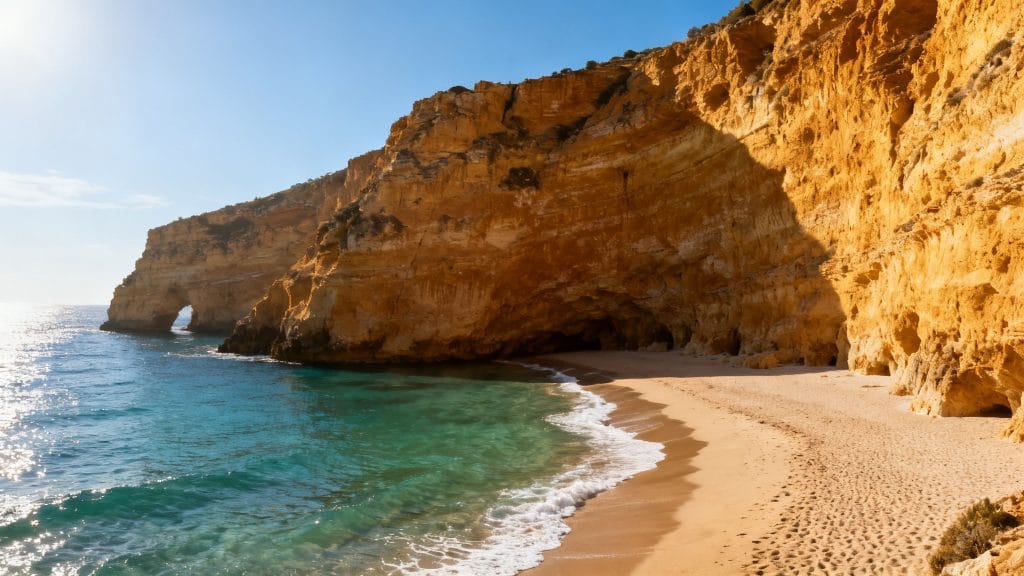 Falaises dorées et plage abritée au soleil d’automne
