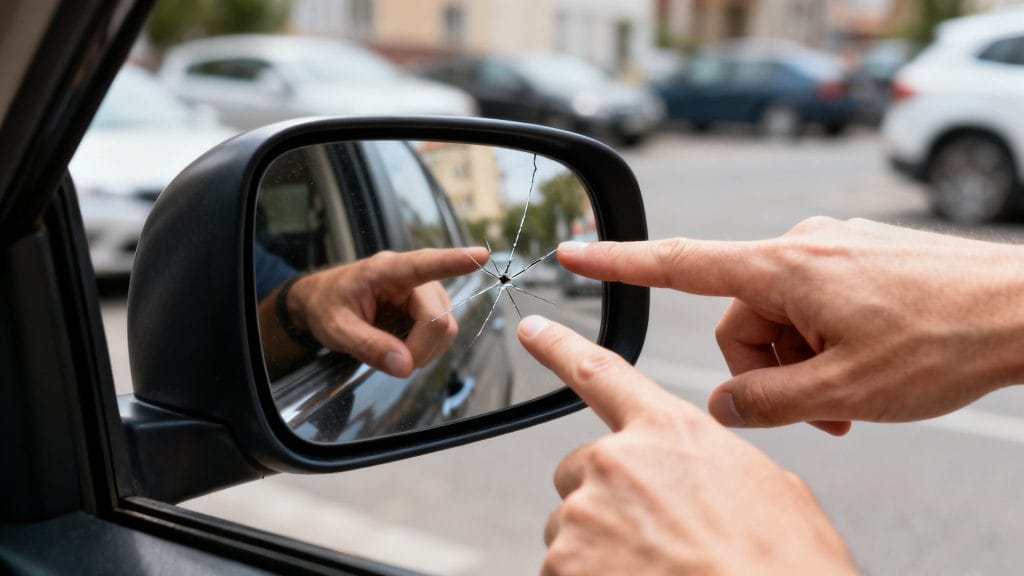 Gros plan sur rétroviseur abîmé, faux accident et conseil