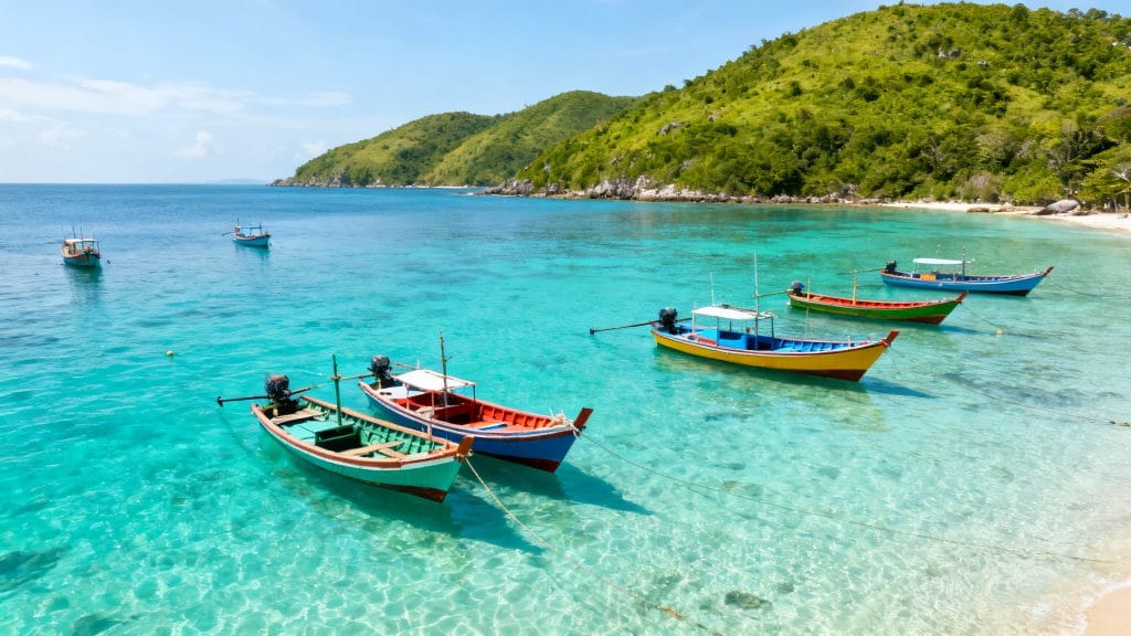 Barques colorées flottant sur une baie insulaire aux eaux claires