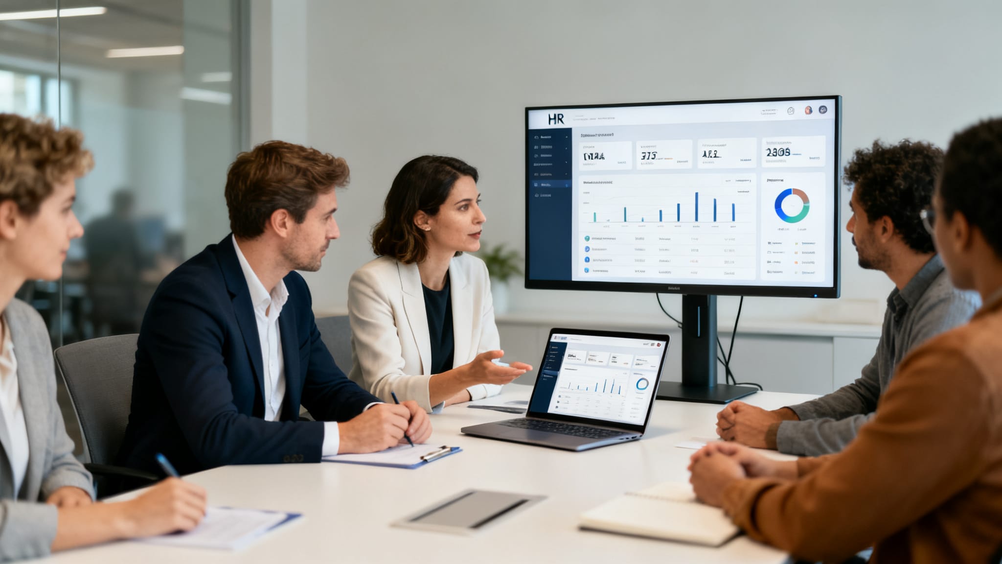 Équipe RH de PME évaluant BambooHR sur tableau de bord