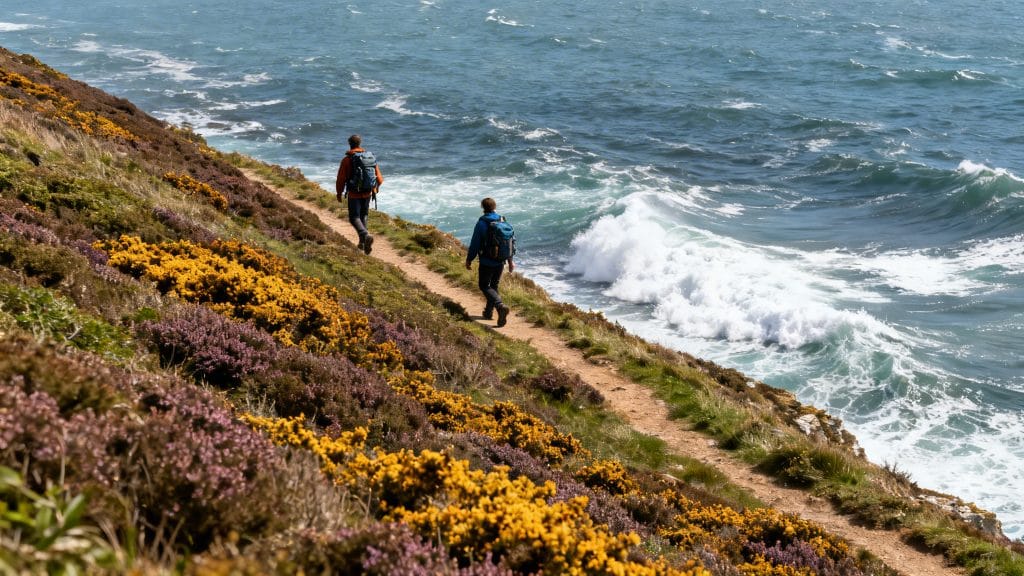 Randonneurs sur le GR 34 au-dessus des falaises