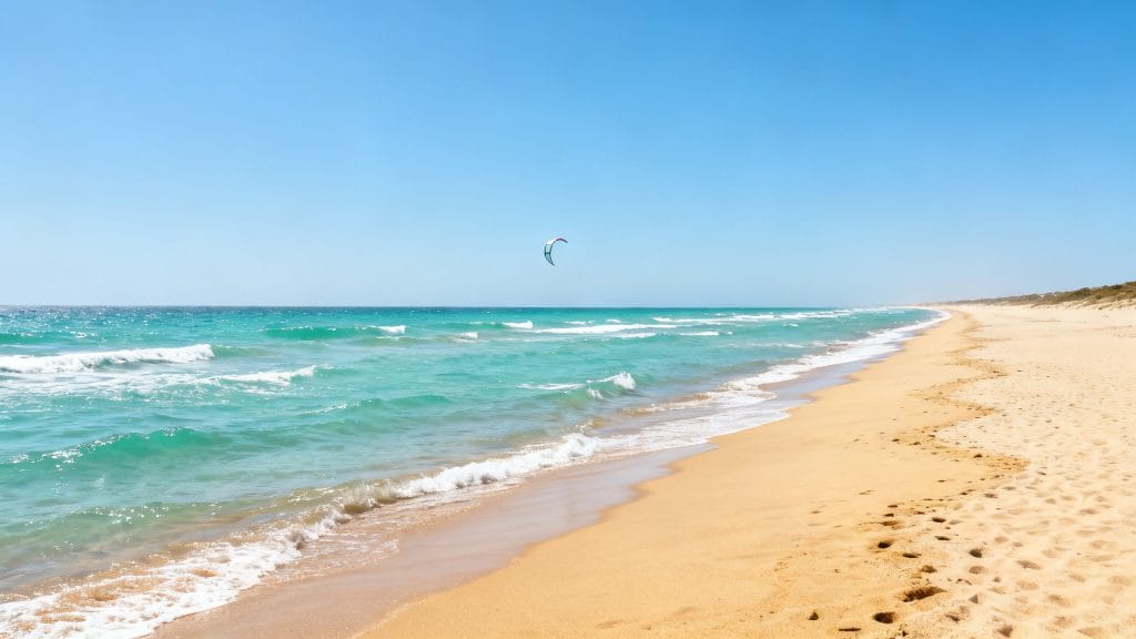 Immense plage atlantique avec eau turquoise et vent léger