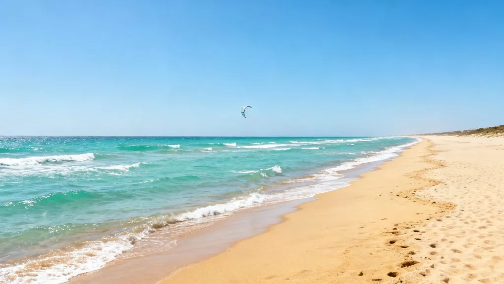 Immense plage atlantique avec eau turquoise et vent léger