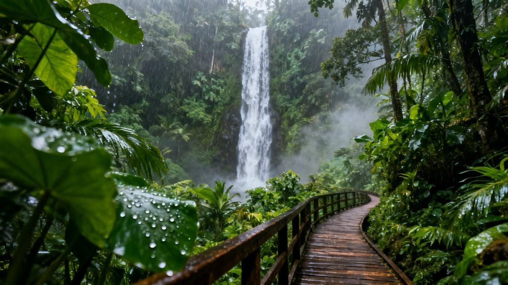 Haute cascade entourée de forêt tropicale et de brume fraîche
