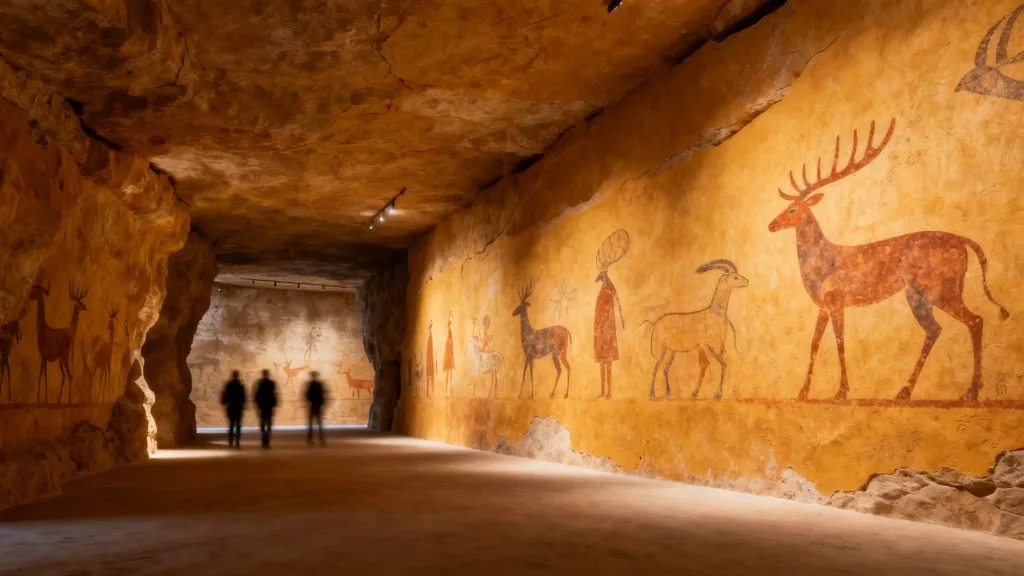 Peintures rupestres stylisées dans une grotte éclairée