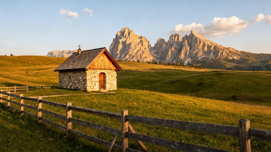 Chapelle de montagne et prairies face aux crêtes