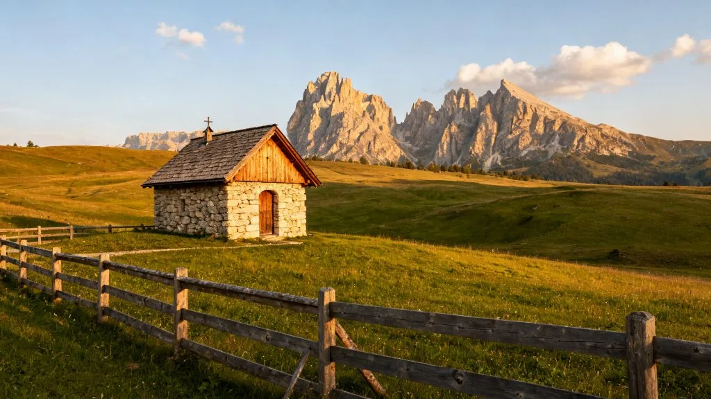 Chapelle de montagne et prairies face aux crêtes