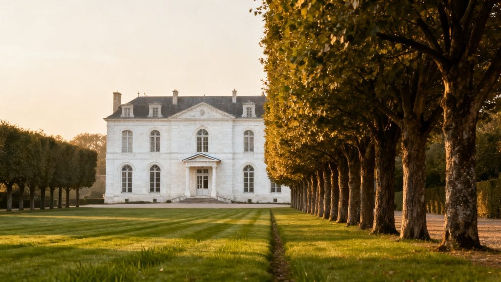 Façade classique d’un château et parc entretenu
