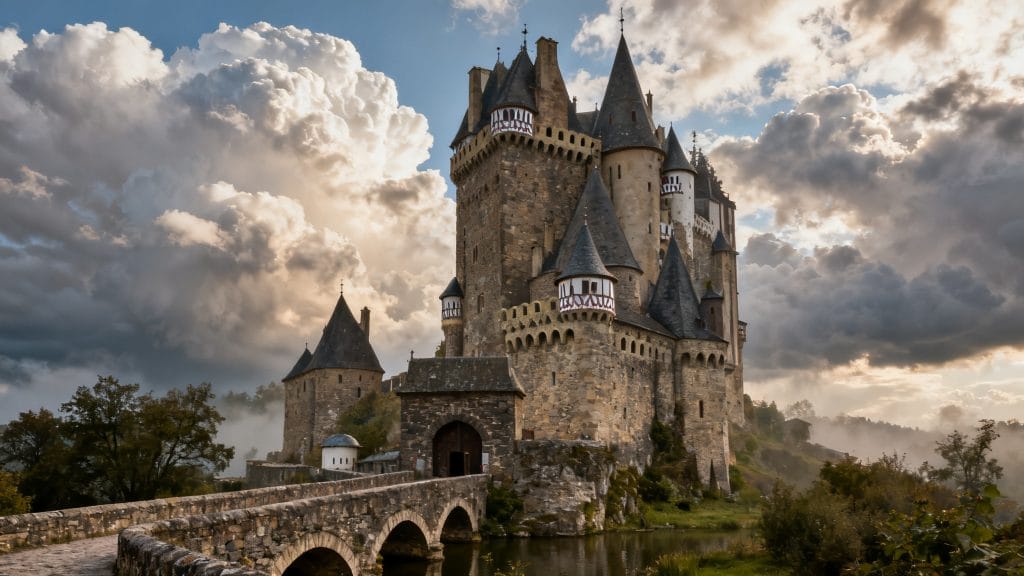 Château néo-médiéval aux tours et machicoulis