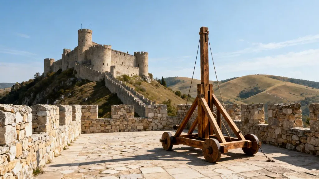 Trébuchet et remparts d’un château du Périgord