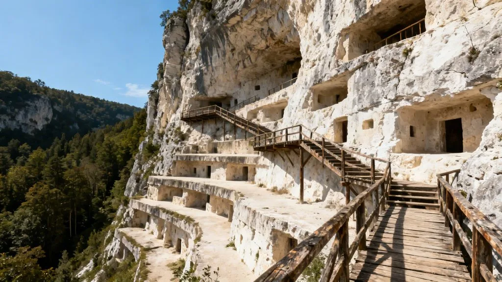 Falaises calcaires et passerelles d’un site troglodytique