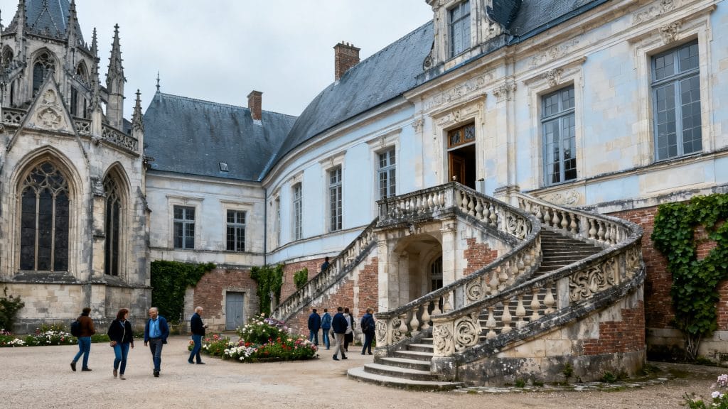 Cour de château avec styles architecturaux variés