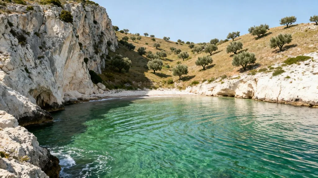 Crique méditerranéenne calme avec mer tiède en octobre