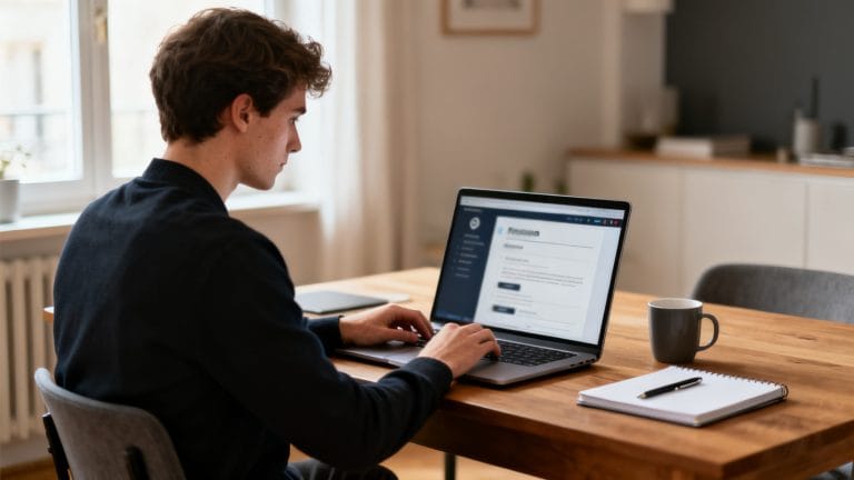 Candidat créant un CV clair avec CVMaker sur laptop