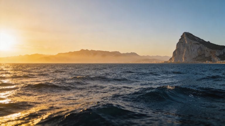 Vue panoramique du détroit de Gibraltar depuis Tarifa au coucher du soleil, côte marocaine visible en arrière-plan