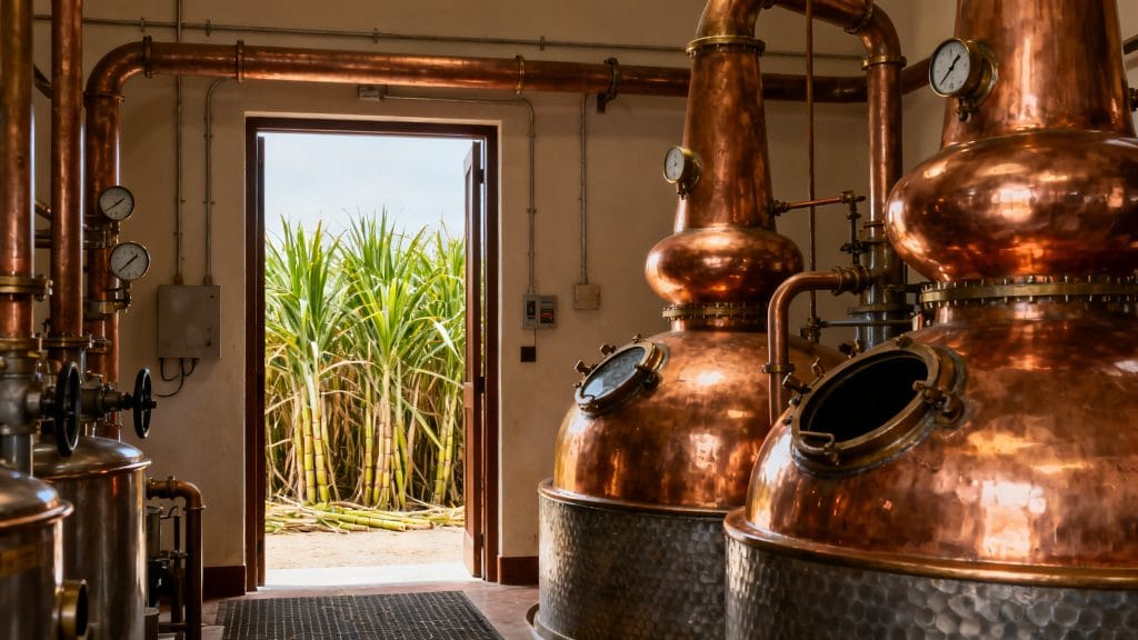 Alambics en cuivre dans une distillerie de rhum agricole