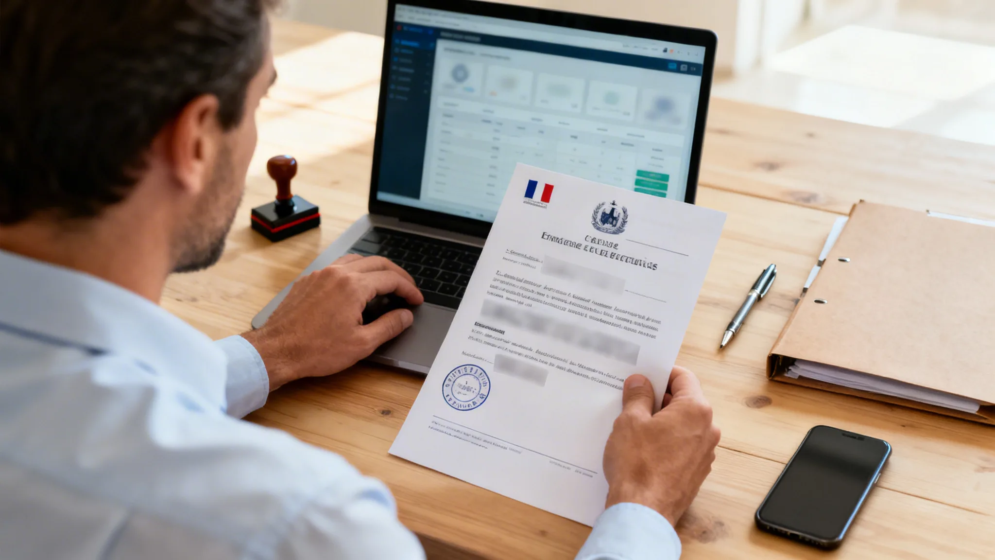 Professionnel vérifiant un extrait Kbis sur docubiz et au greffe