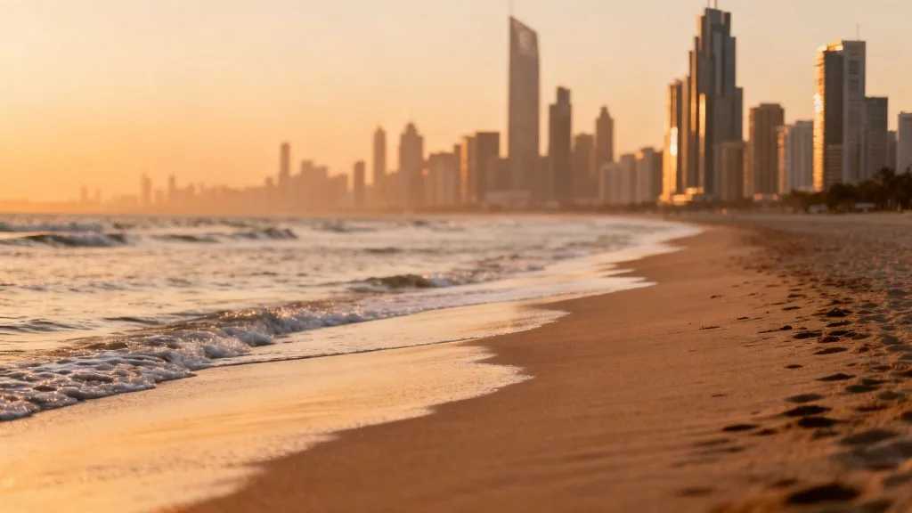 Plage urbaine et mer très chaude avec skyline moderne