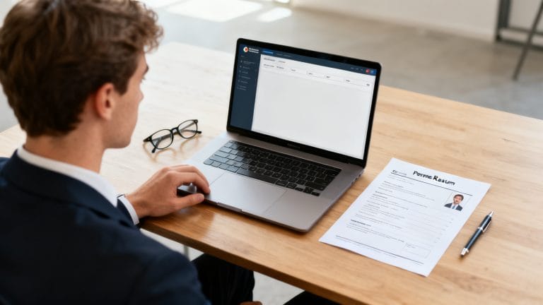 Candidat préparant un CV pro avec Enhancv sur laptop