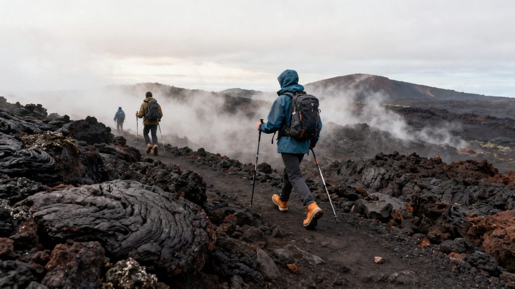 Randonneurs sur lave sombre, sécurité Etna et équipement