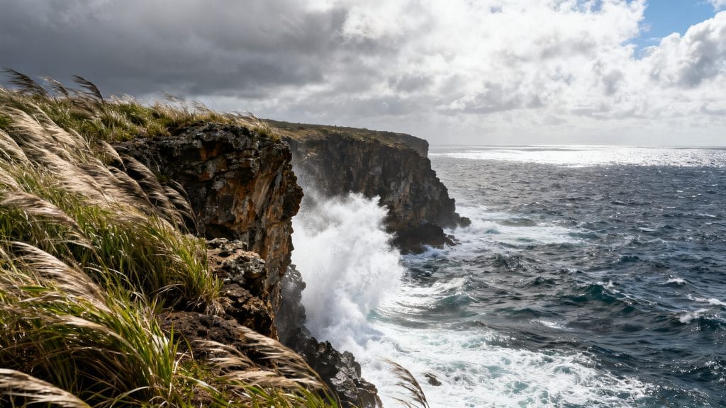 Grandes falaises côtières face à une mer agitée et venteuse