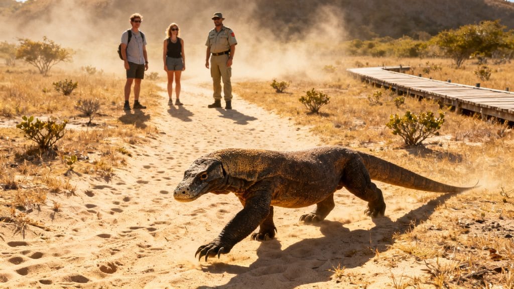 Varan observé à distance sur sentier de savane sèche