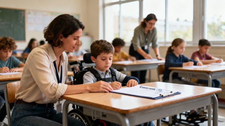 Accompagnant en classe aidant un élève, formation AESH France Travail