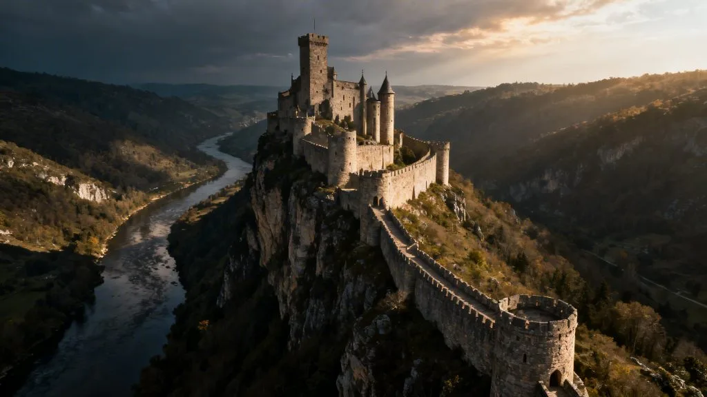Château médiéval perché dominant une vallée fluviale