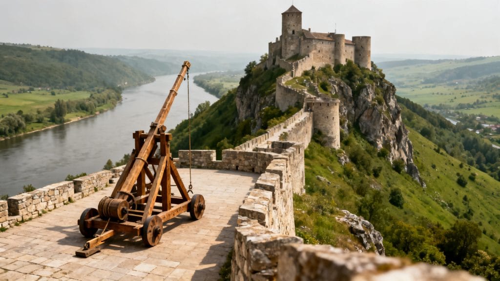Trébuchet devant une forteresse dominant une vallée