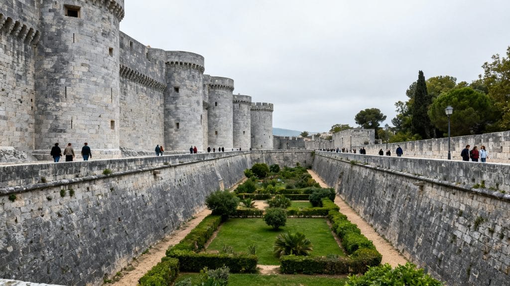 Forteresse urbaine aux remparts et fossé-jardin