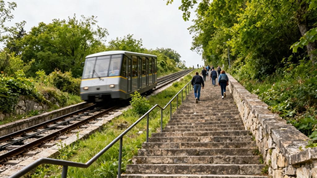 Funiculaire et longs escaliers sur une butte urbaine