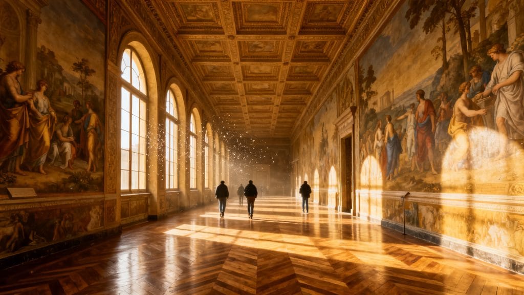 Longue galerie décorée, fresques et boiseries