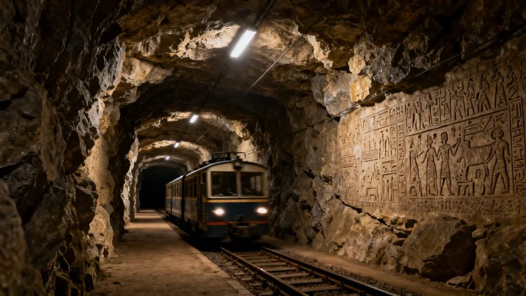 Petit train longeant des gravures pariétales